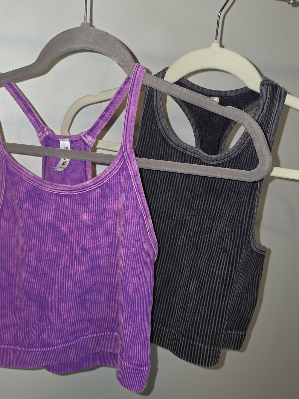 Zenana Outfitters Ribbed Racerback Tank Tops in Purple and Black